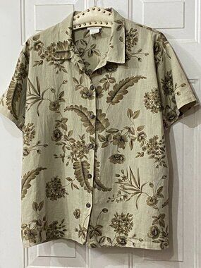 VTG Cotton Studio Sz L Blouse Button Up Short Sleeve Linen/Cotton Olive Floral